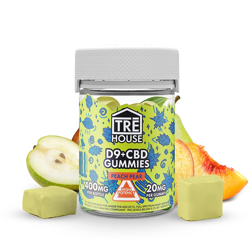 trehouse-gummies-bottle-peach-pear.jpg Delta 9 Gummies with CBD – 1:1 - Image 1